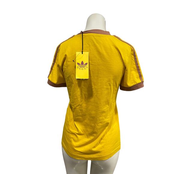 Gucci Adidas Rare Womens Logo V Neck T Shirt Gold Small - Picture 8 of 8